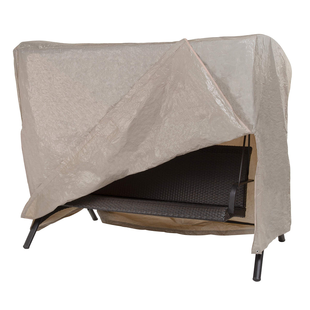 MODERN LEISURE front view of full swing cover showing fit and neutral beige finish protecting swing