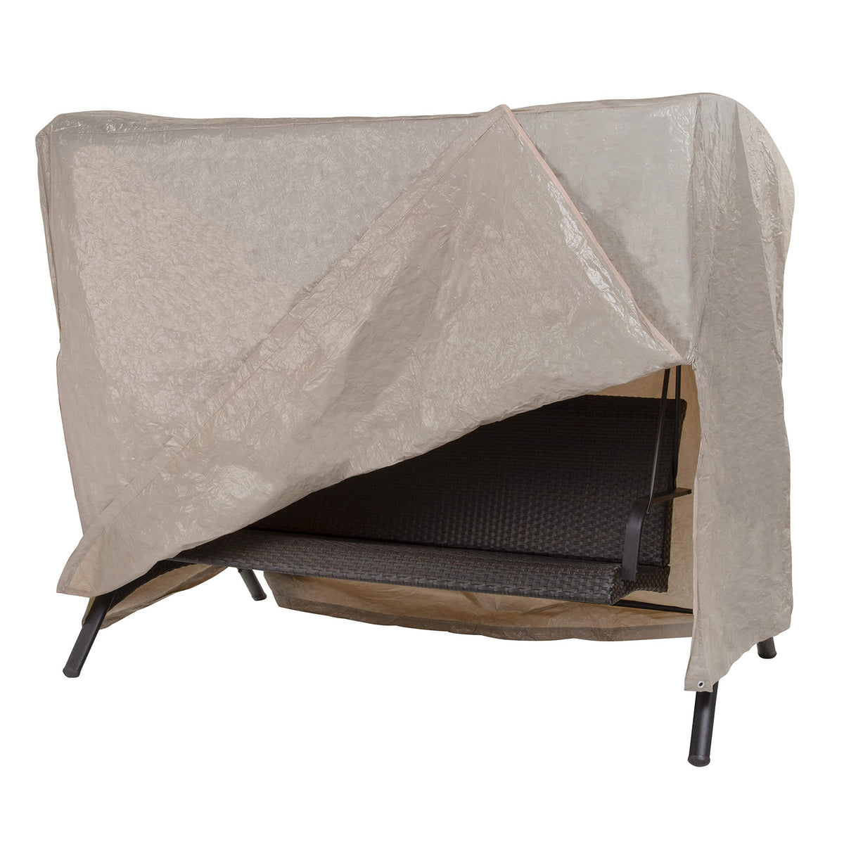 MODERN LEISURE front view of full swing cover showing fit and neutral beige finish protecting swing