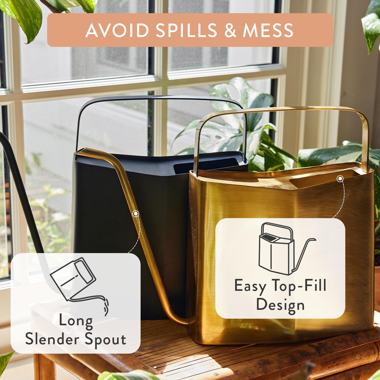 Modern Sprout brass watering can with box showing included unit and dimensions