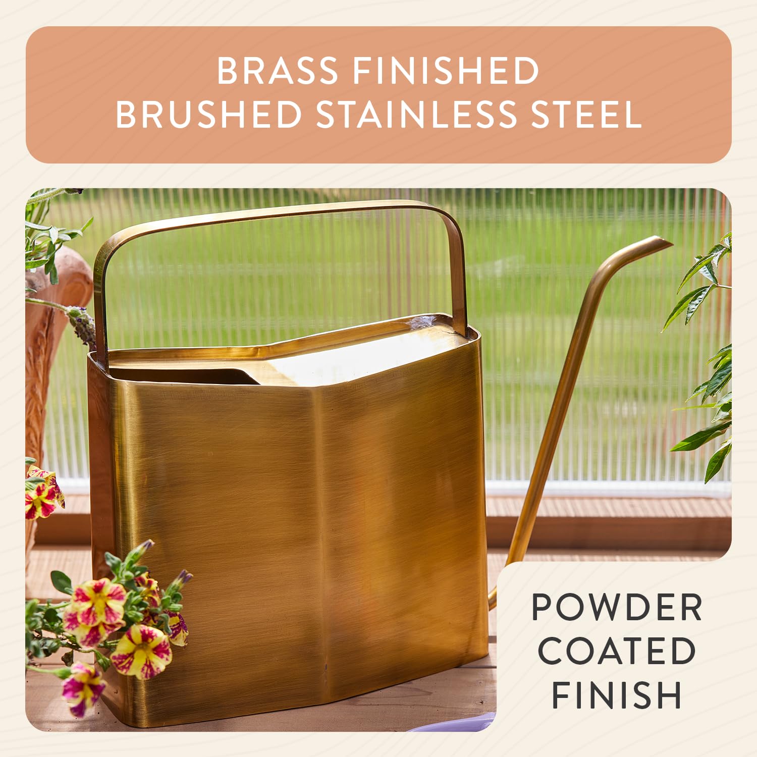 Modern Sprout brass watering can pouring into pot demonstrating splash-free watering