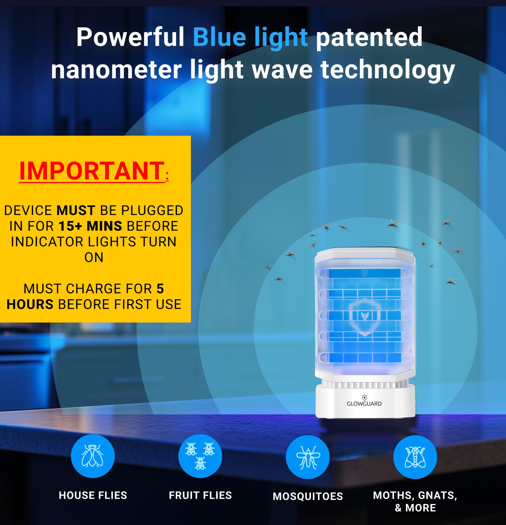 MODERN-X GlowGuard placed on kitchen counter catching fruit flies benefit
