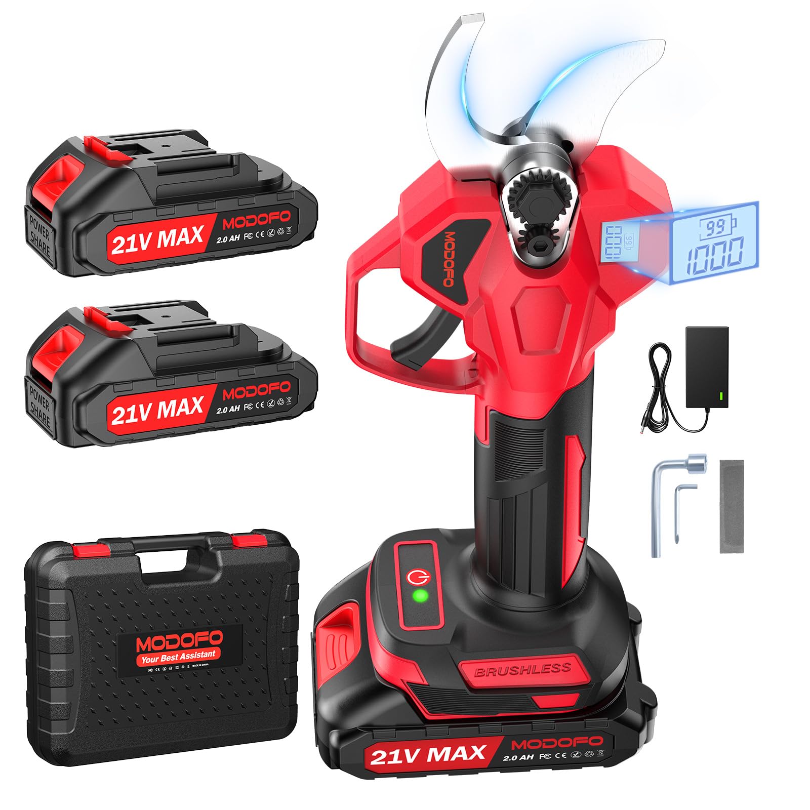 MODOFO front view of cordless pruner showing ergonomic handle and blade for comfortable cutting