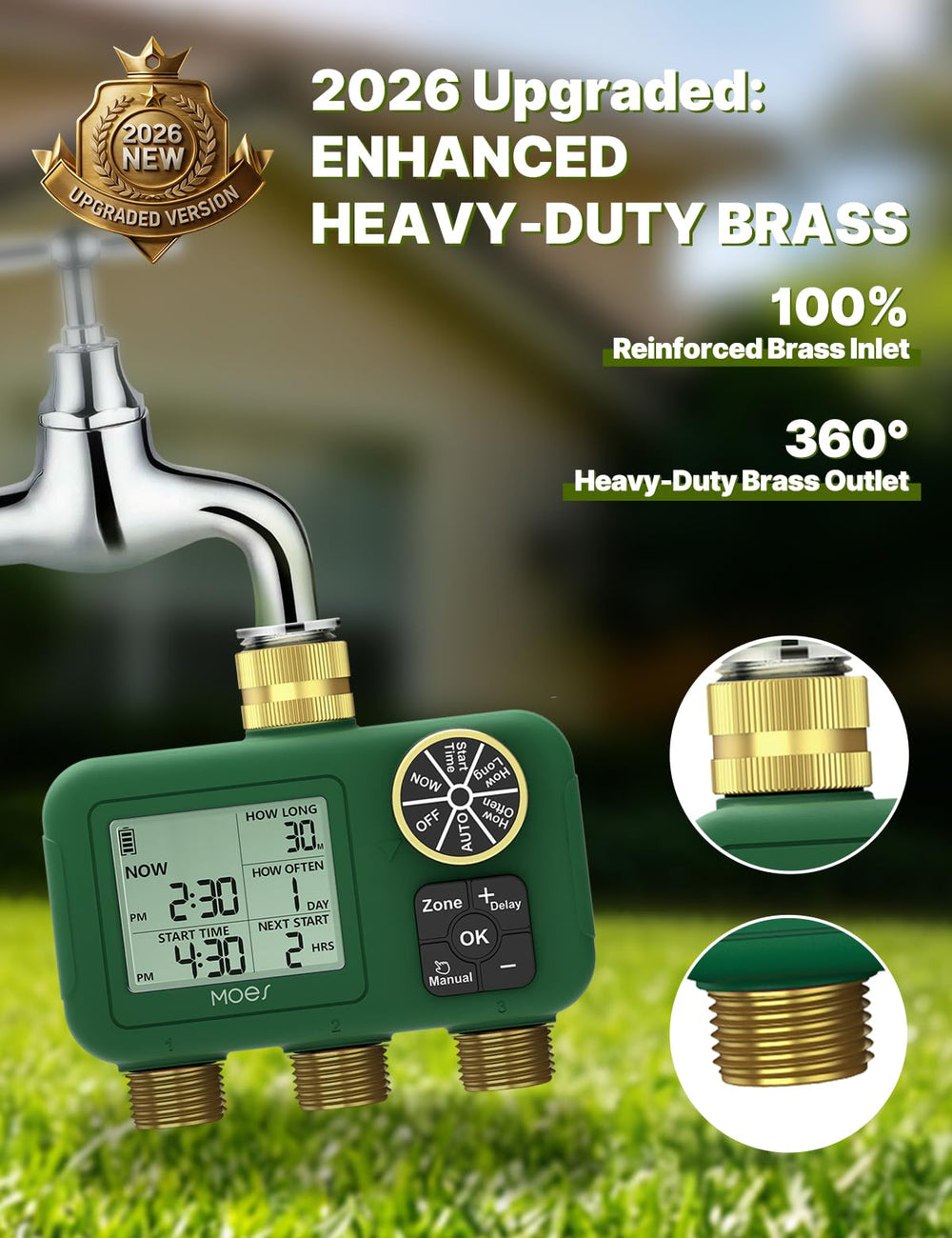 MOES brass fittings close-up highlighting durable 3/4 inch connections