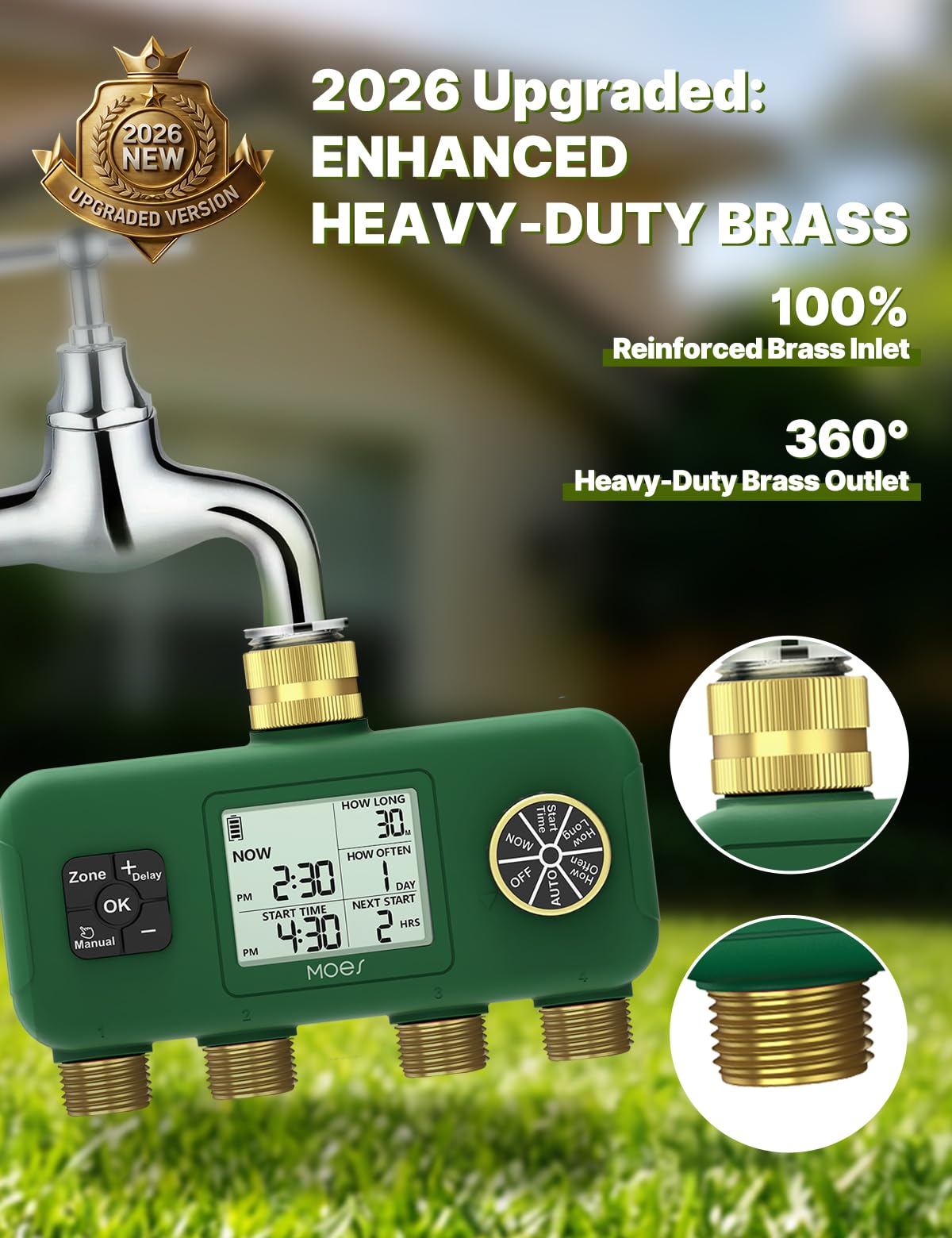 MOES brass inlet and 3/4-inch adapter close-up for leak-resistant connection benefit