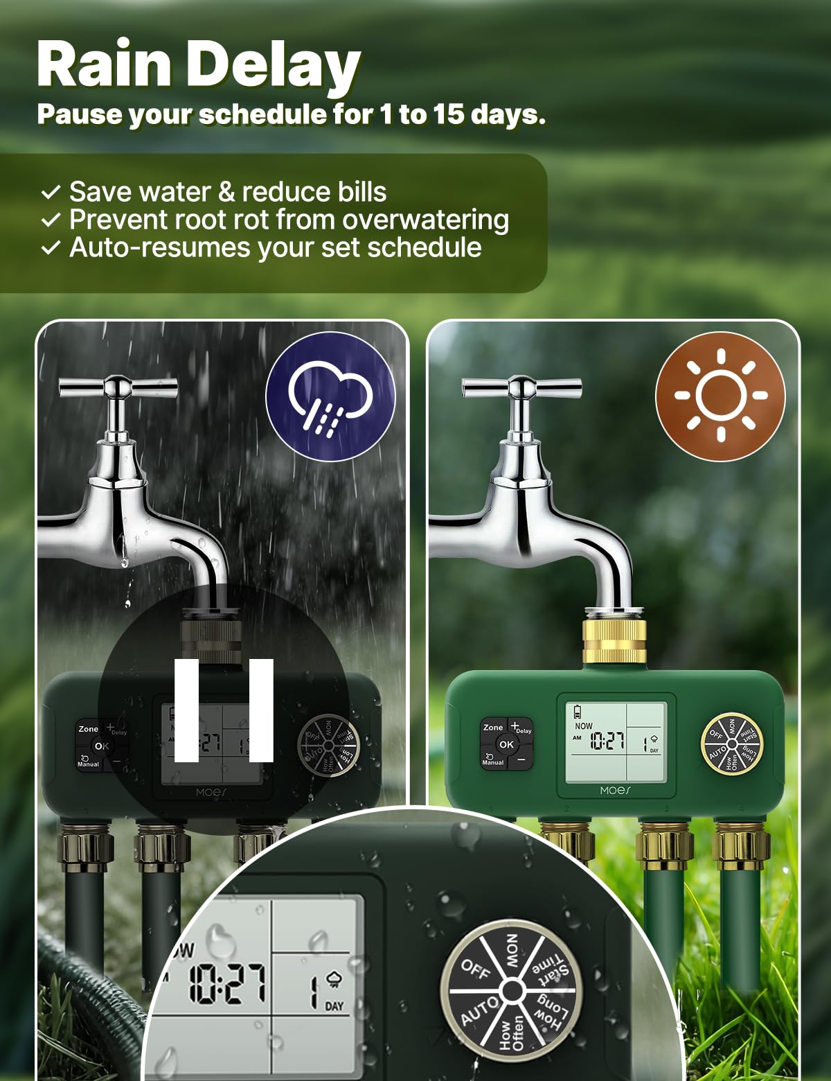 MOES connected to faucet in garden demonstrating straightforward install benefit