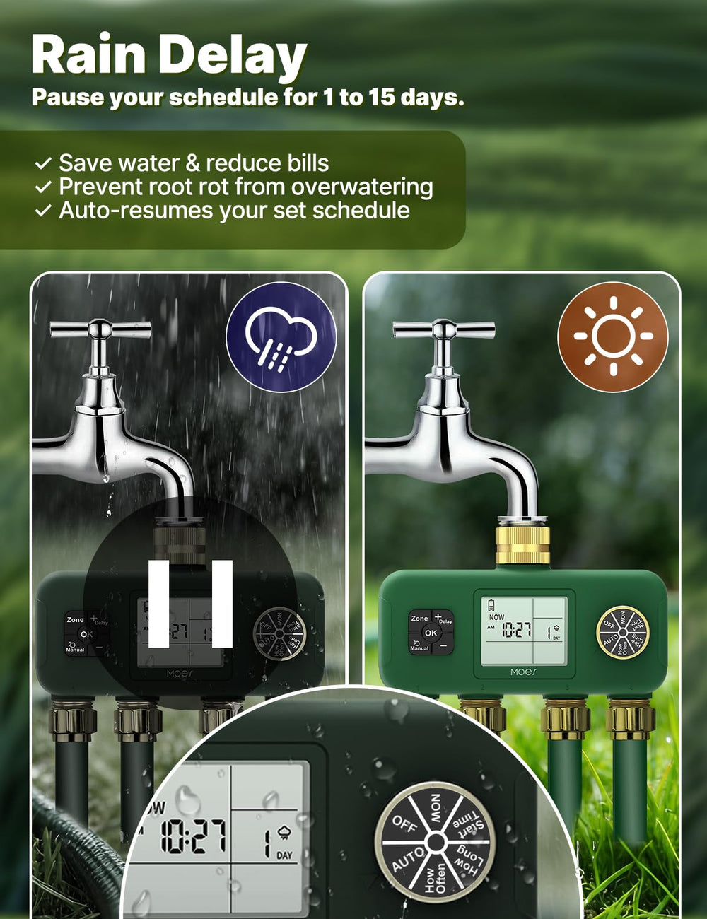 MOES connected to faucet in garden demonstrating straightforward install benefit