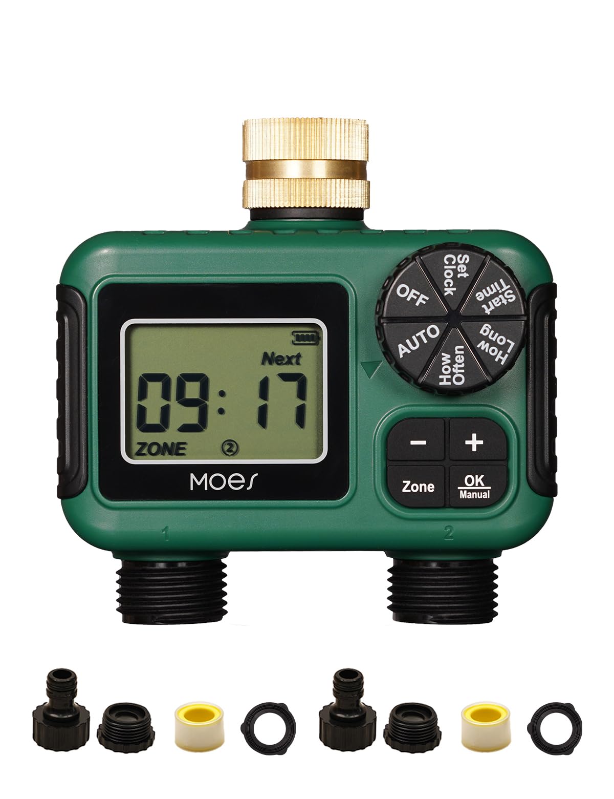MOES front view showing brass inlet and dual outlets for durable hose connection