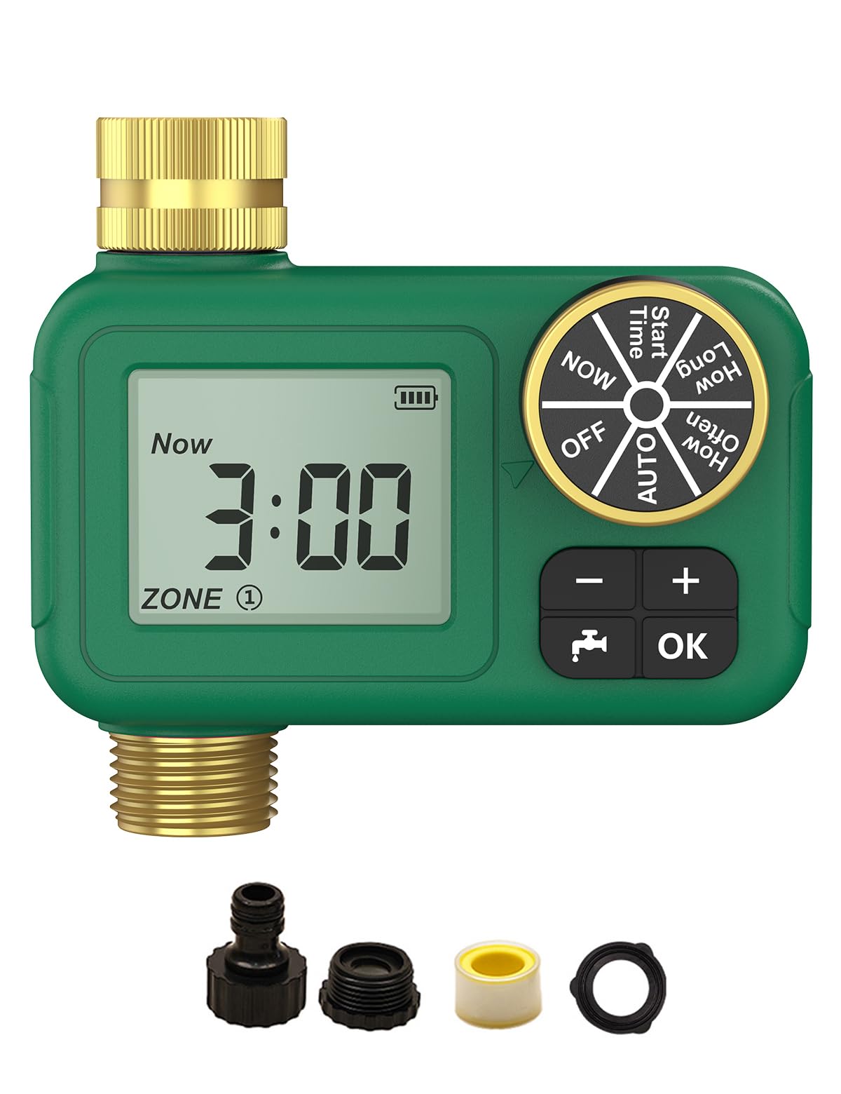 MOES front view on faucet showing durable timer and brass fitting for reliable watering