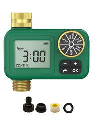 MOES front view on faucet showing durable timer and brass fitting for reliable watering