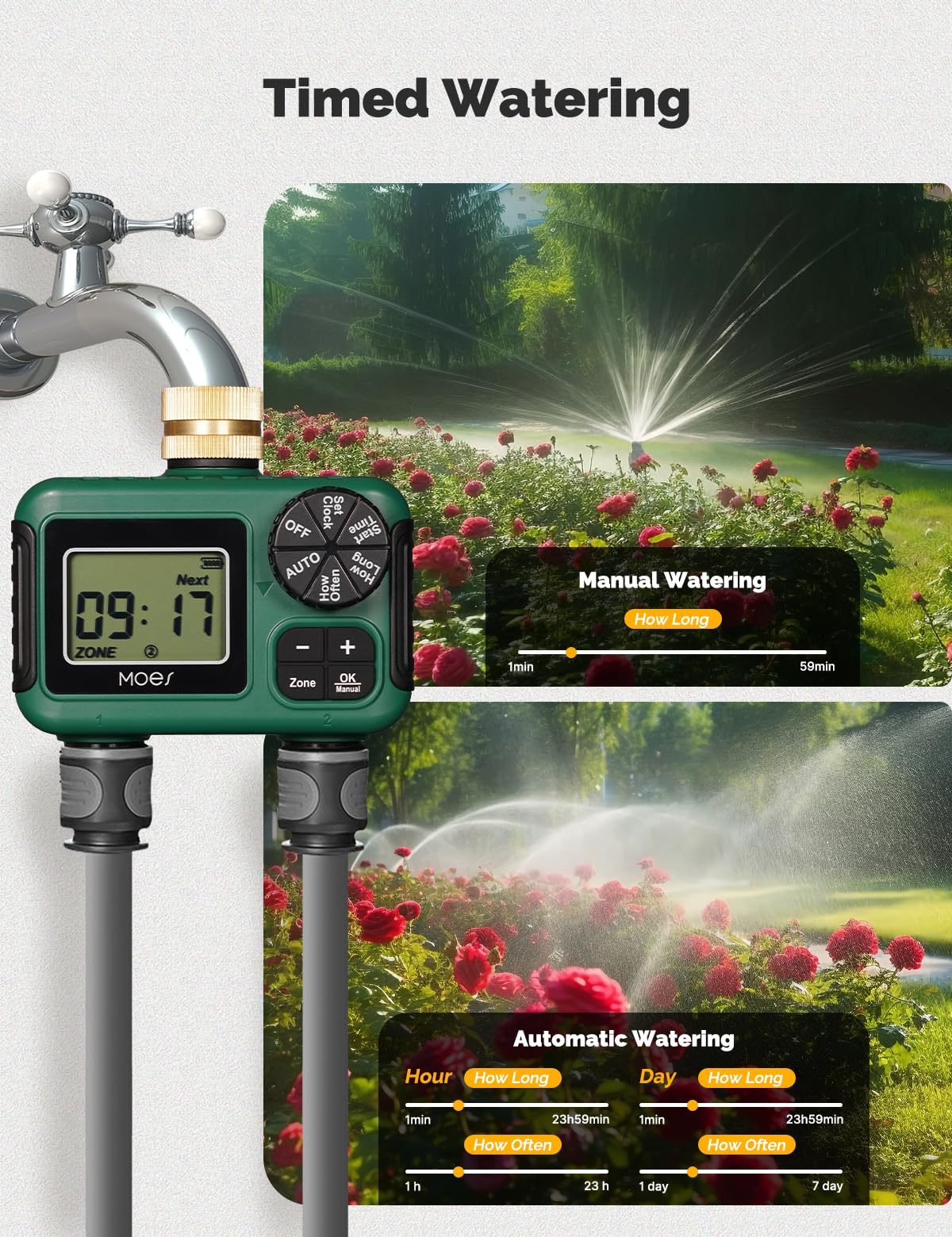 MOES connected to garden hose showing reliable watering in use