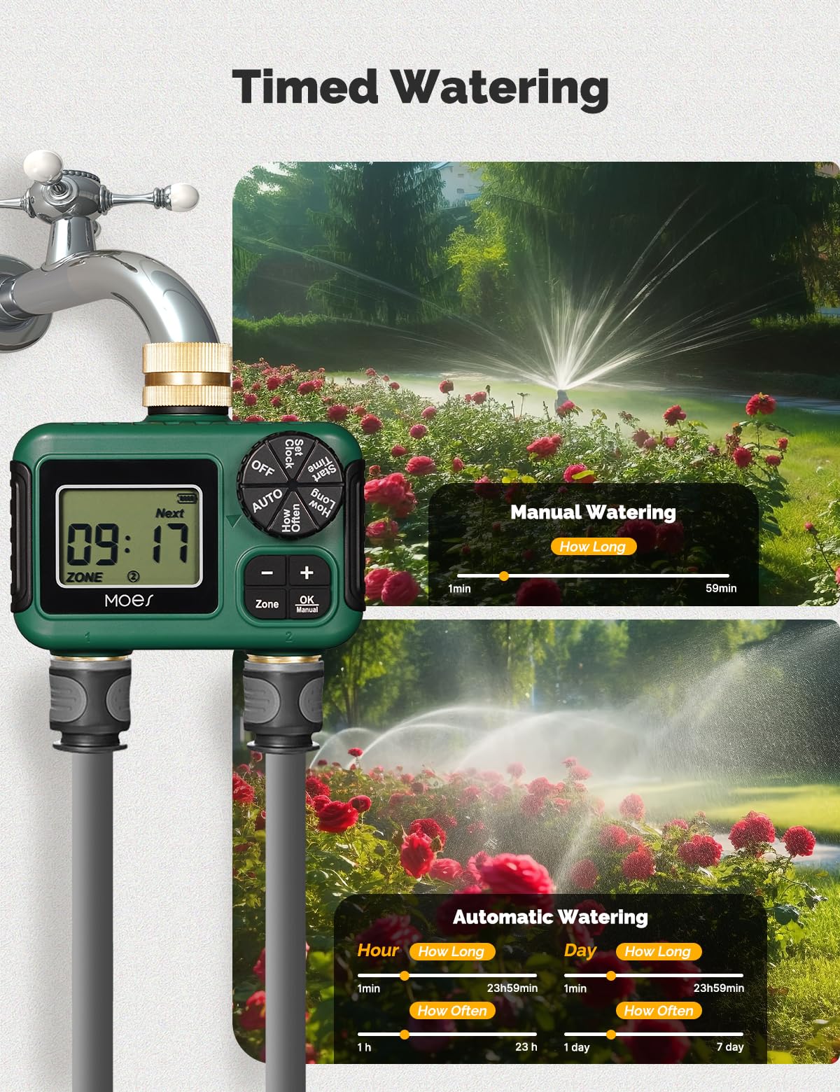 MOES installed on a garden faucet illustrating simple tool-free connection