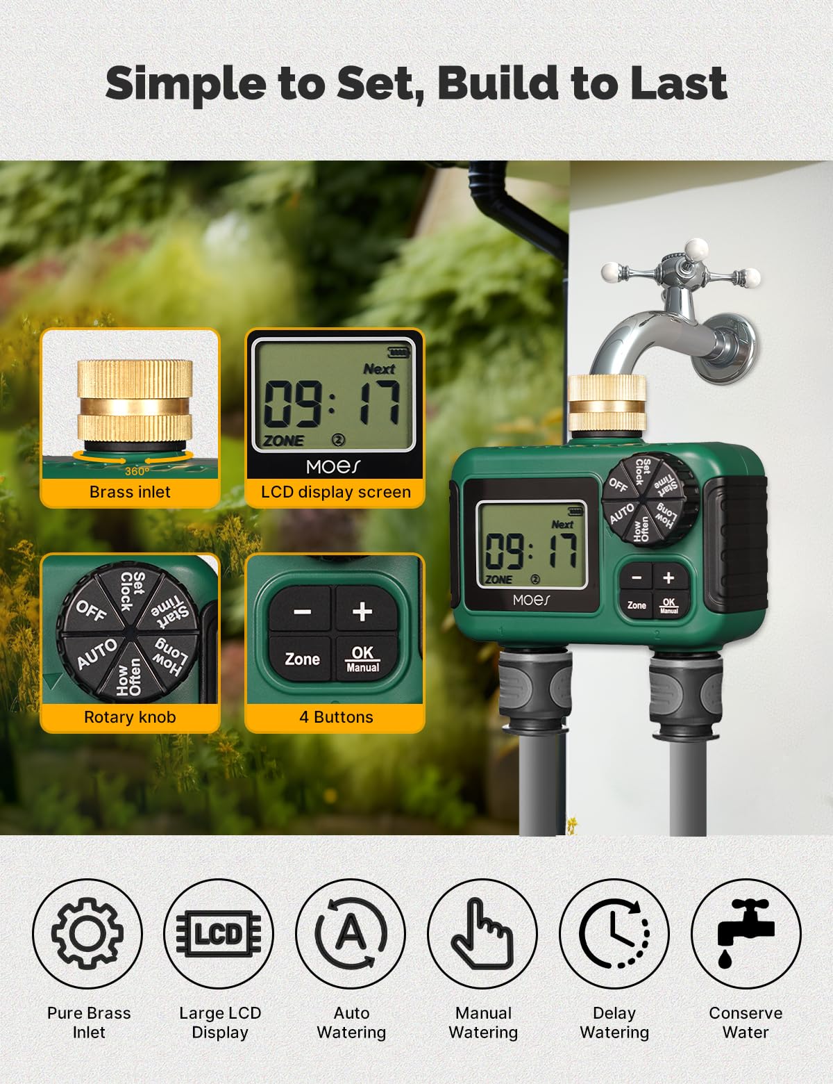 MOES side view showing two independent outlets for dual-zone irrigation