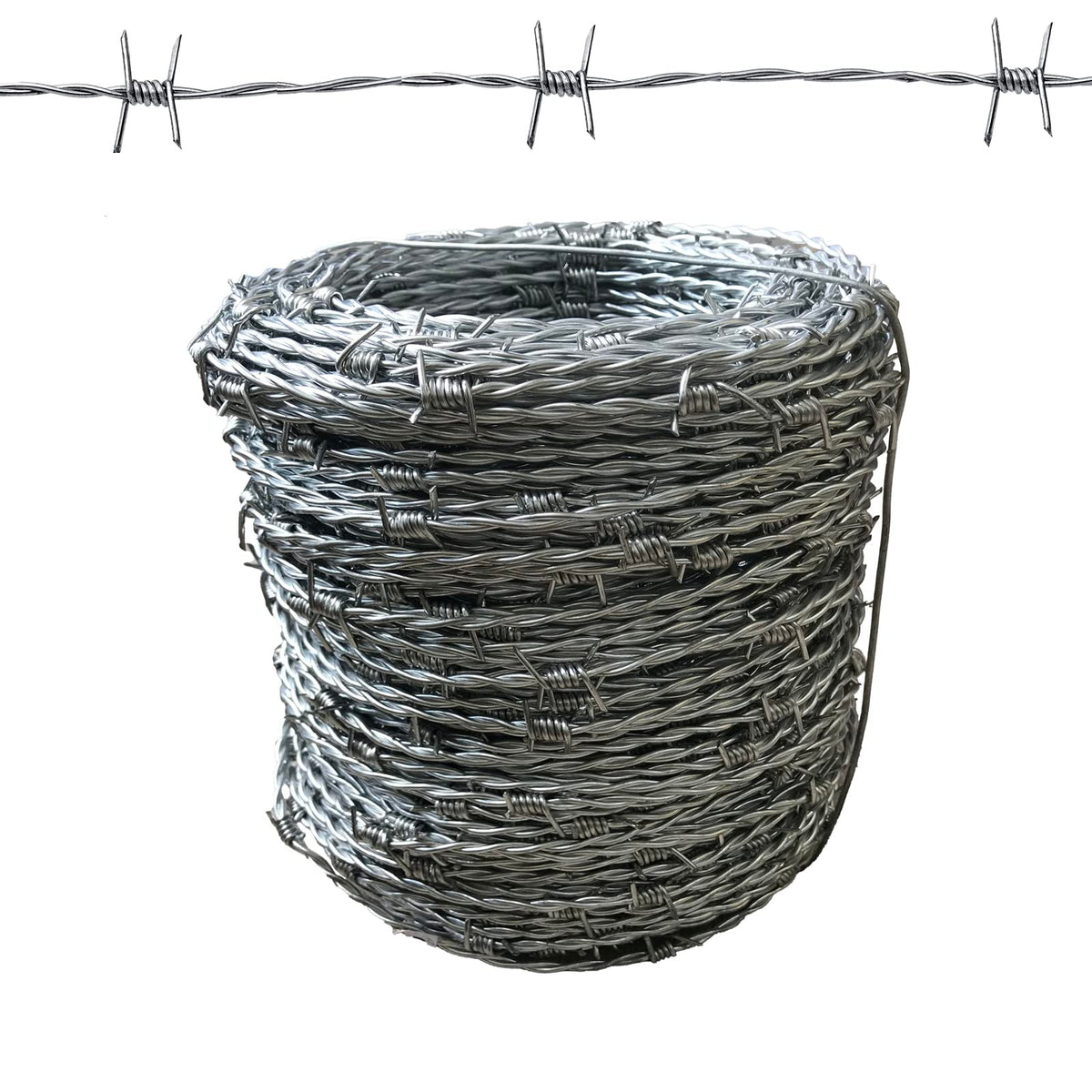 MOEUFFIR front view of 328ft galvanized barbed wire roll showing durable finish and length benefit