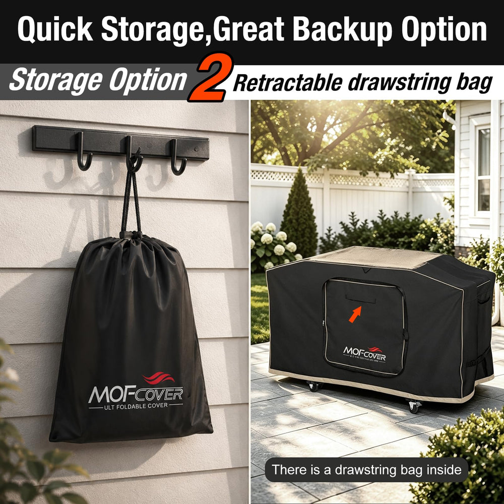 MOFCOVER rear view with drawstring bag stored for compact transport