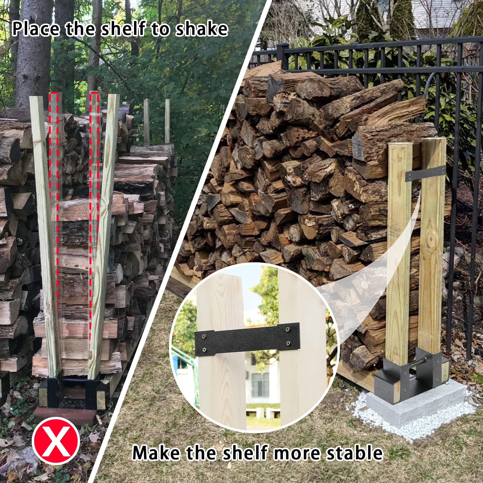 MOFEEZ outdoor scene with stacked firewood on brackets demonstrating tidy organization benefit