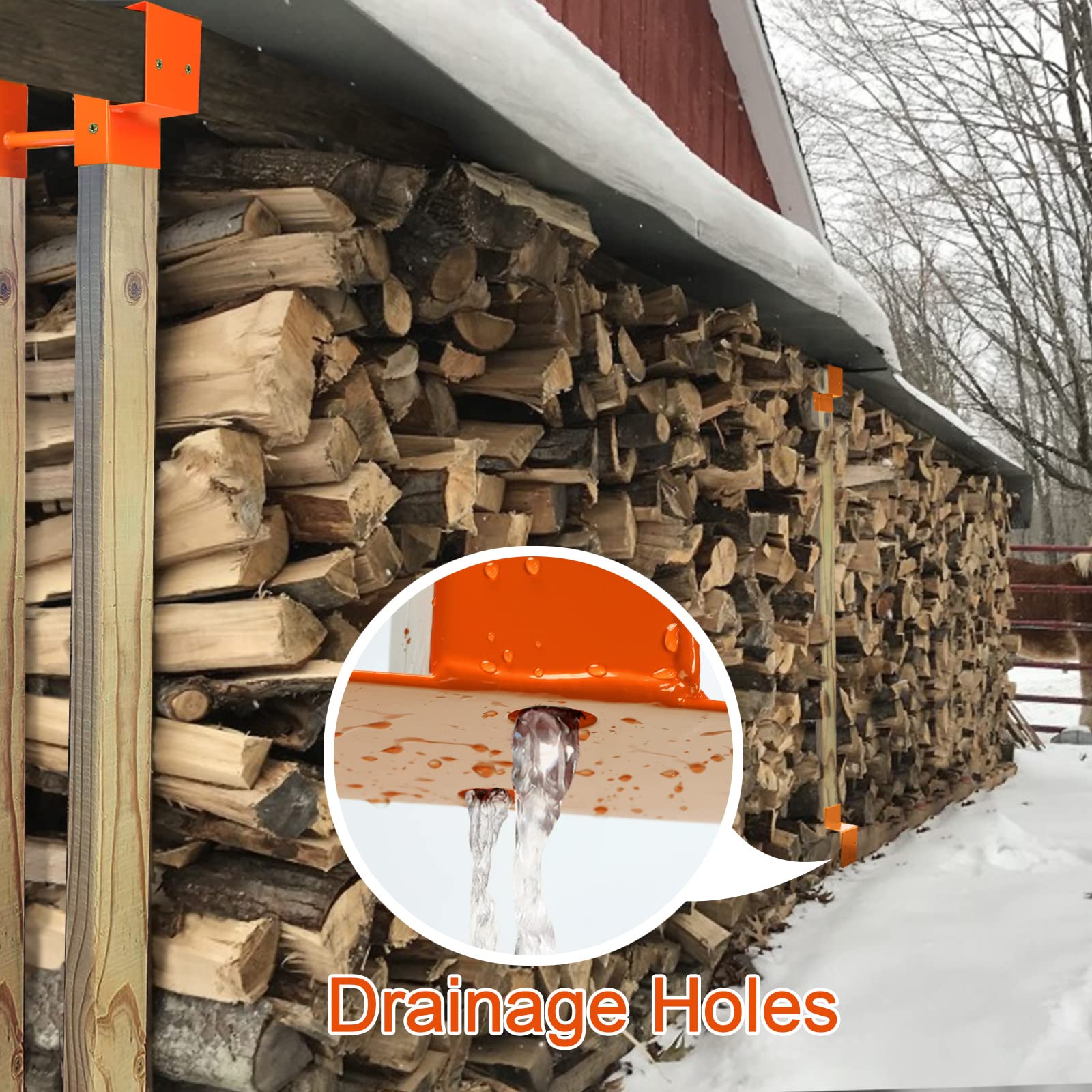 MOFEEZ brackets supporting stacked firewood outdoors for neat dry storage