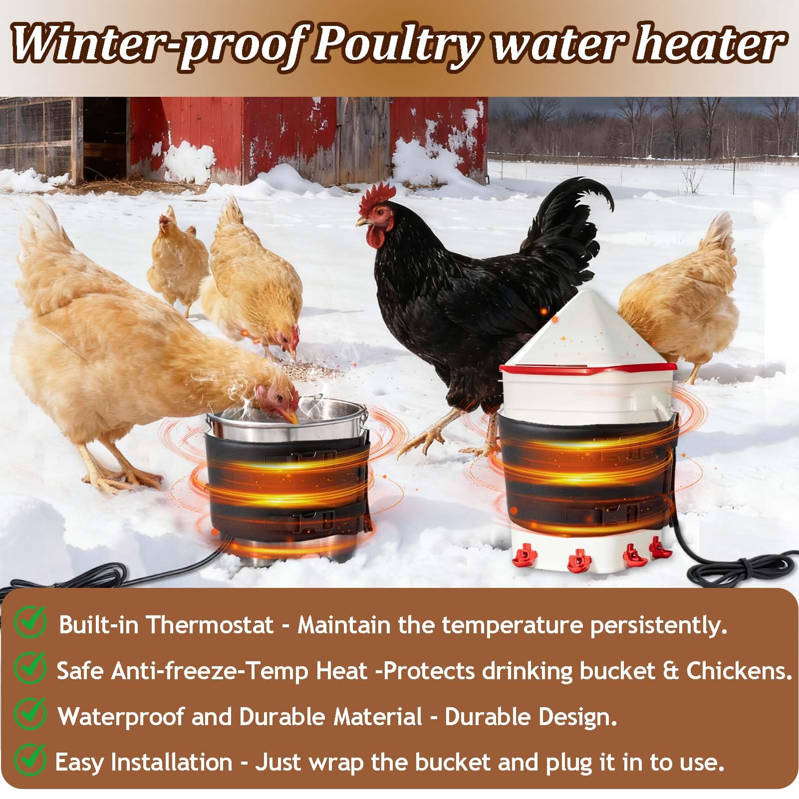 Mofuiry strap in use on coop bucket with melted water for uninterrupted drinking