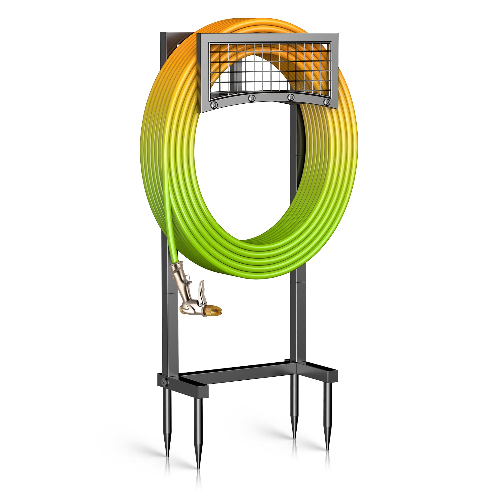 Mogaath front view showing compact freestanding hose holder and organized hose benefit