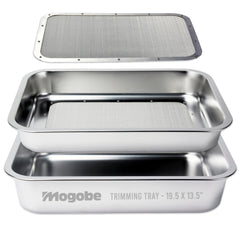 Mogobe front view of stainless steel trimming tray showing durable build and benefit