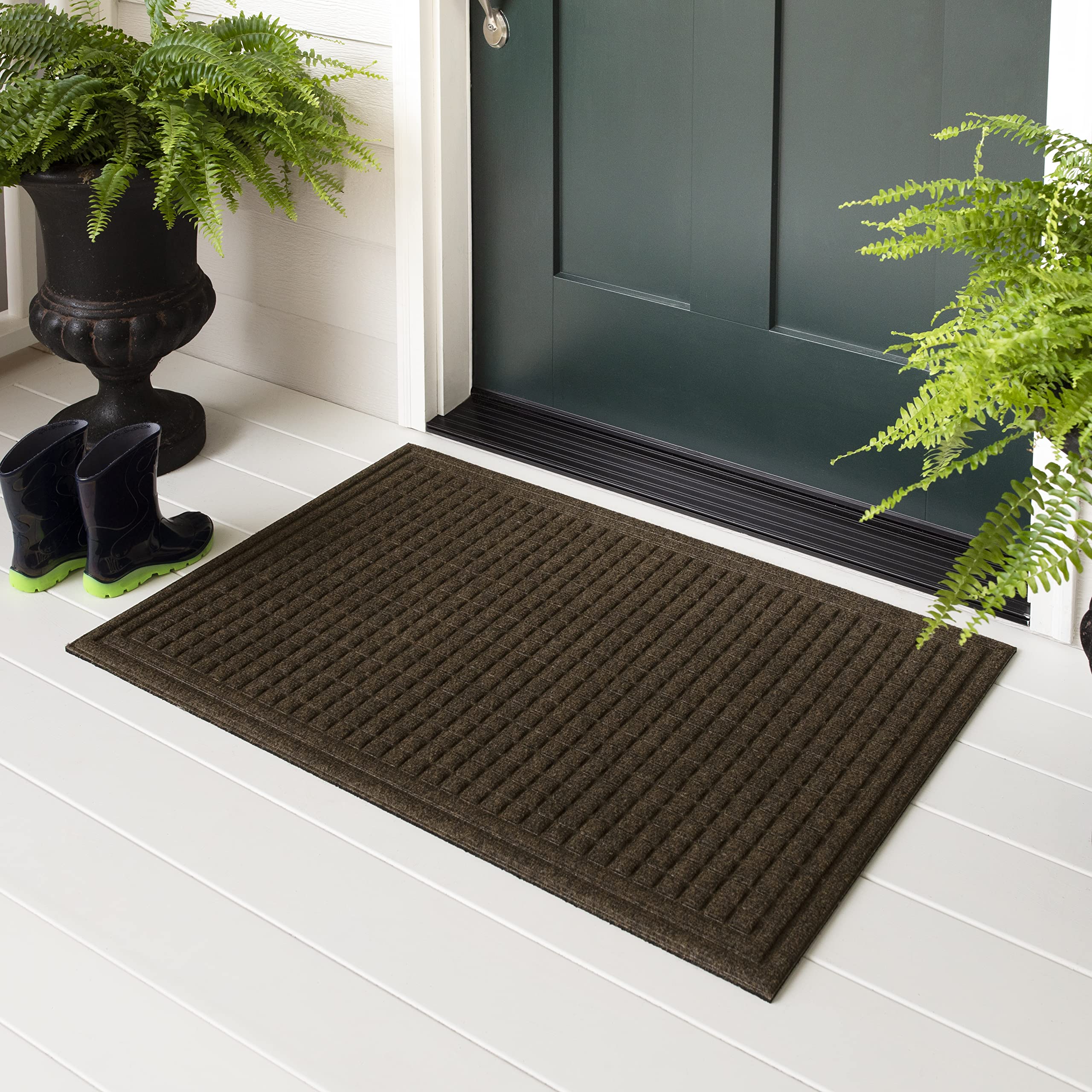 Mohawk Home front view doormat showing brown squares pattern and welcoming look