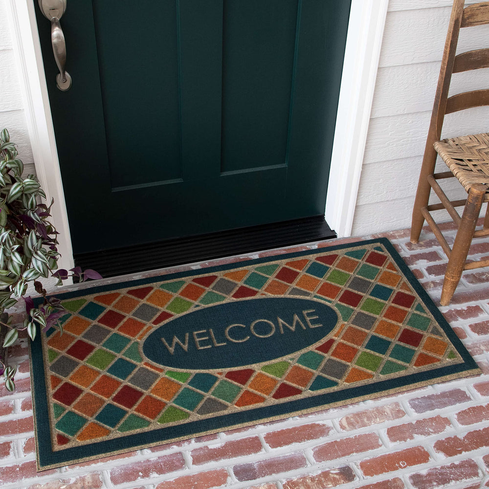 Mohawk Home front view doormat showing chestnut crosshatch and curb appeal