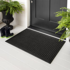 Mohawk Home front view of black squares doormat showing stylish entry appeal and dirt trapping