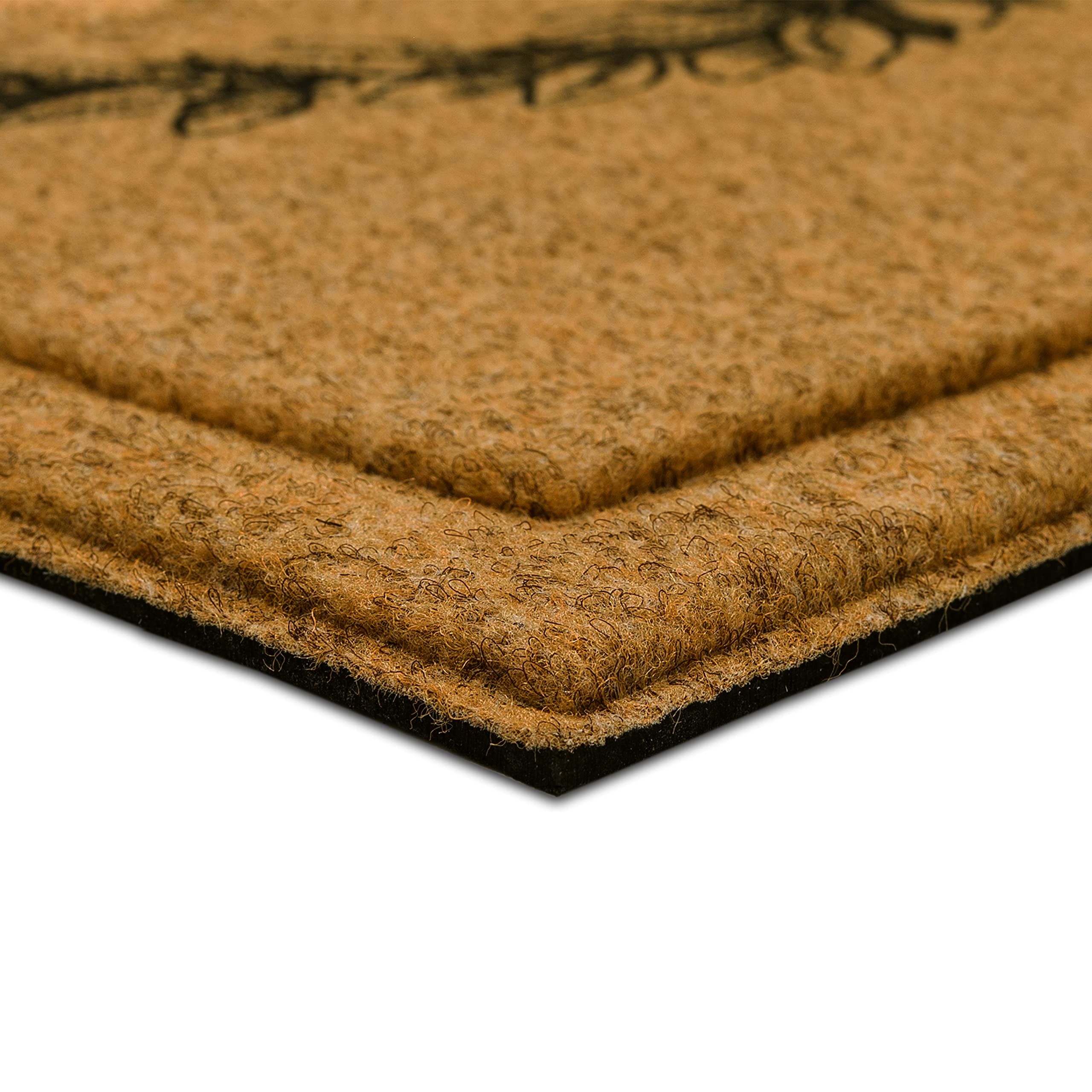 Mohawk Home mat beside a shoe and door for scale illustrating compact size