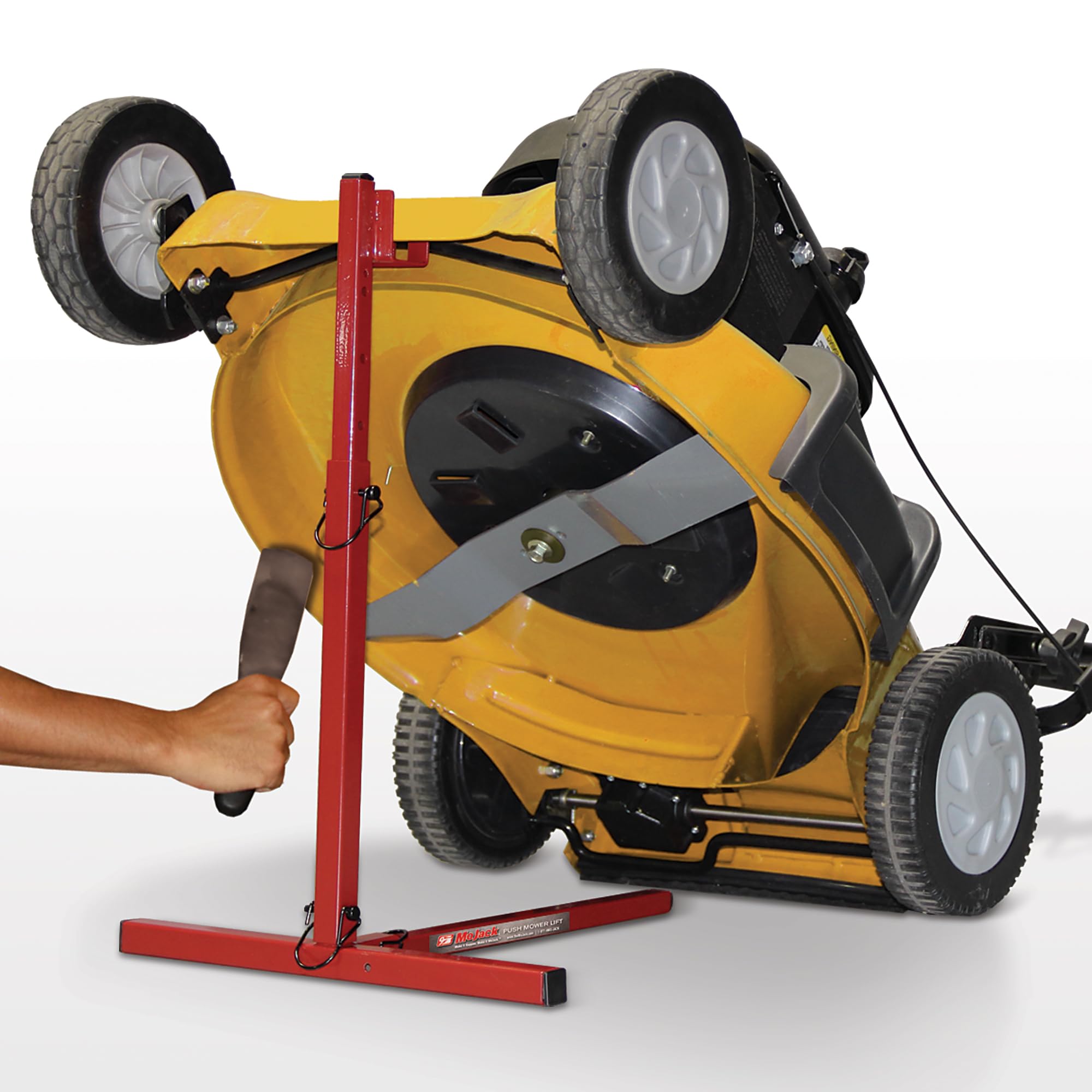 MoJack front view lifting a mower providing safe deck access