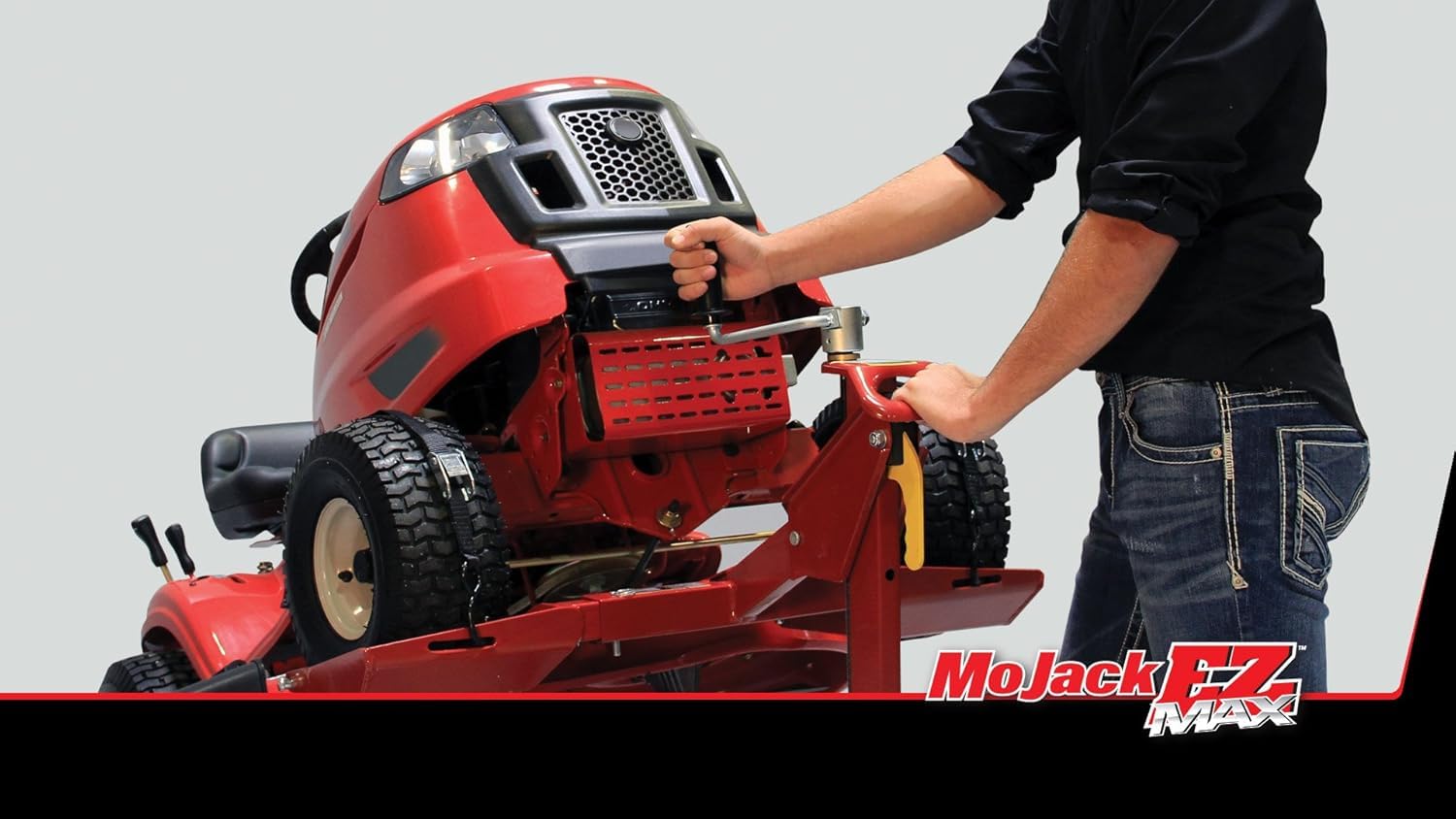 MoJack EZ MAX lifting mower to expose deck for blade and belt service
