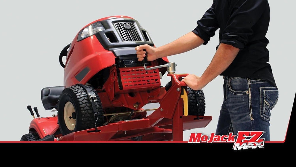 MoJack EZ MAX lifting mower to expose deck for blade and belt service
