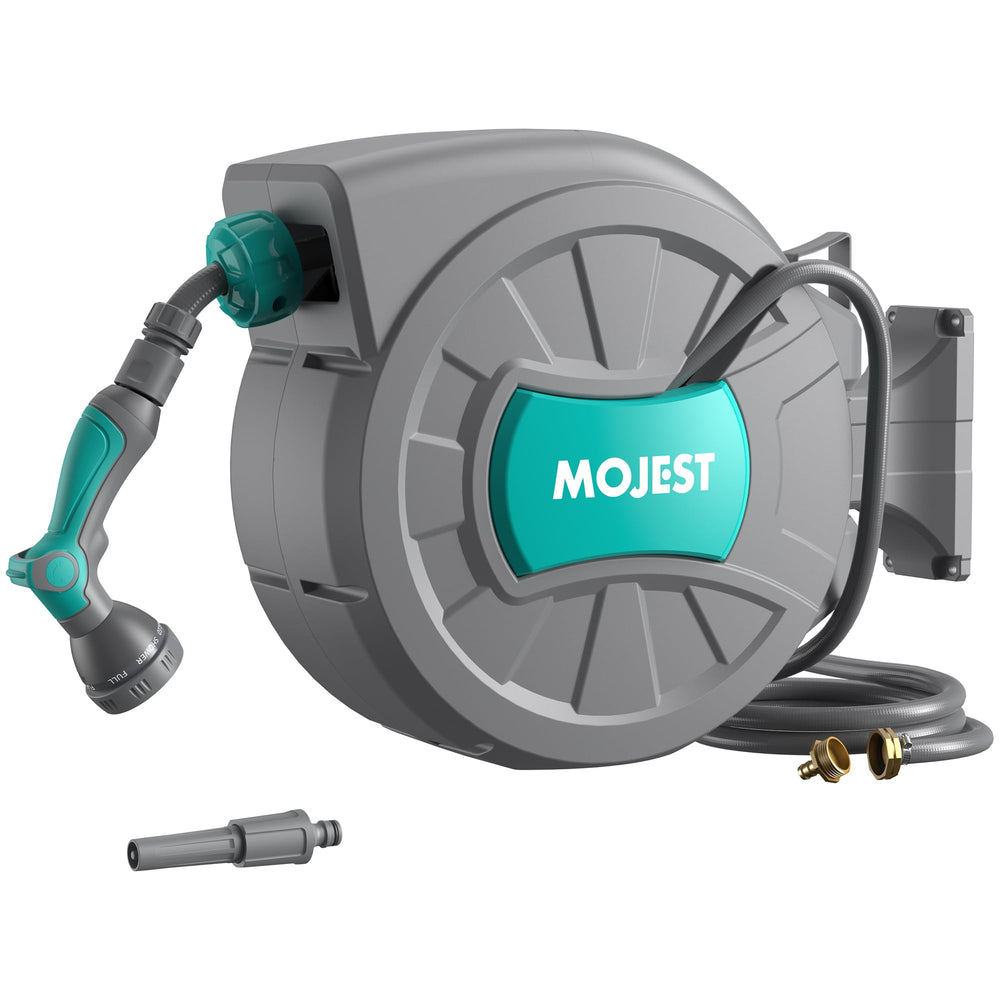 Mojest front view of wall-mounted hose reel showing compact storage benefit