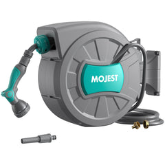 Mojest front view of wall-mounted hose reel showing compact storage benefit