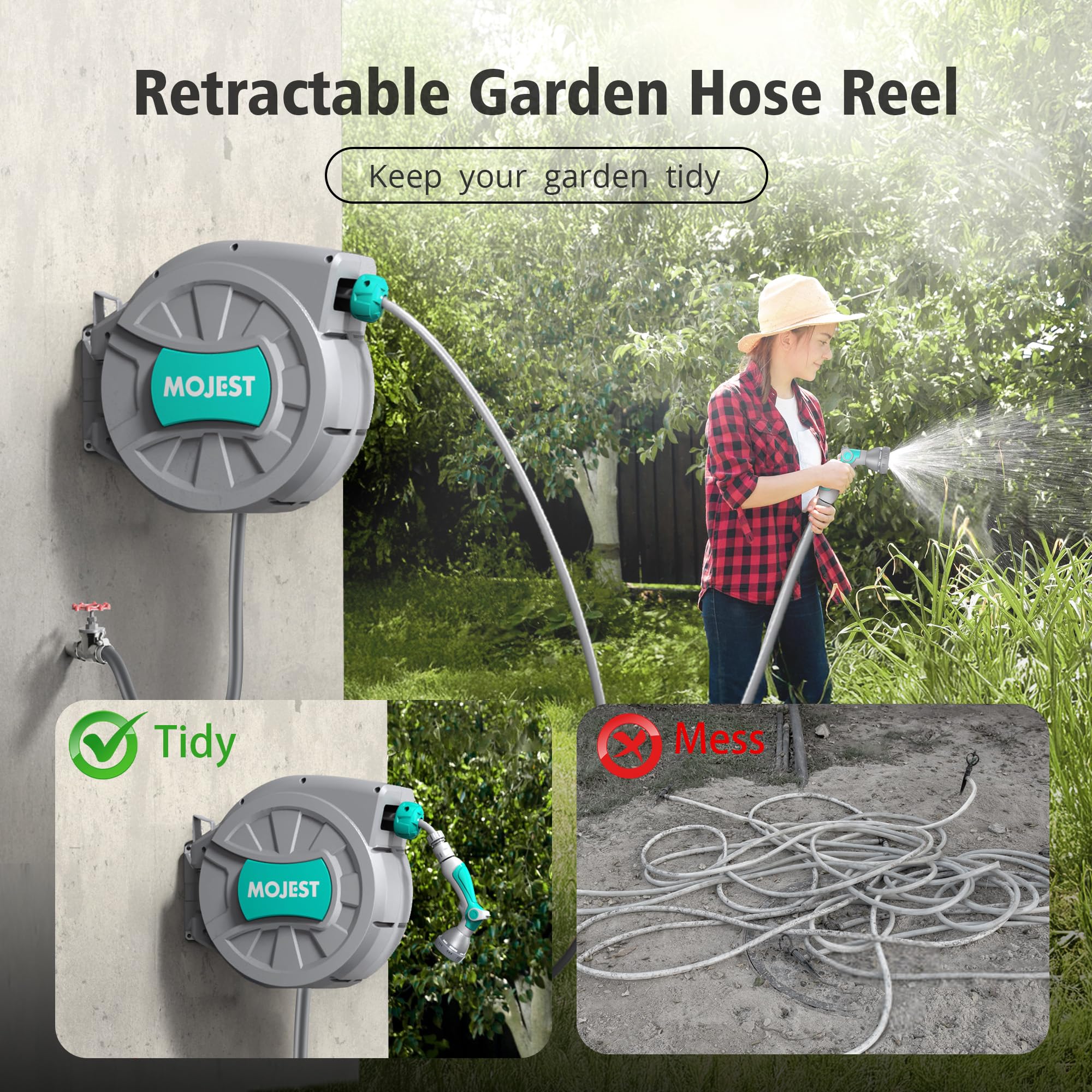 Mojest retracting action in use in garden showing smooth slow rewind