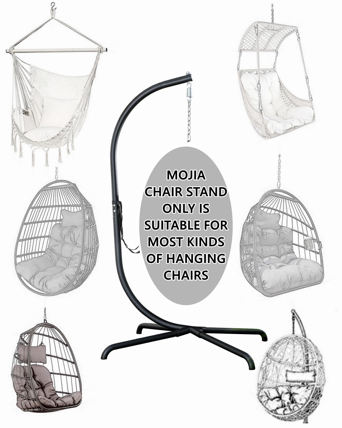Mojia stand holding egg chair in garden illustrating outdoor relaxation