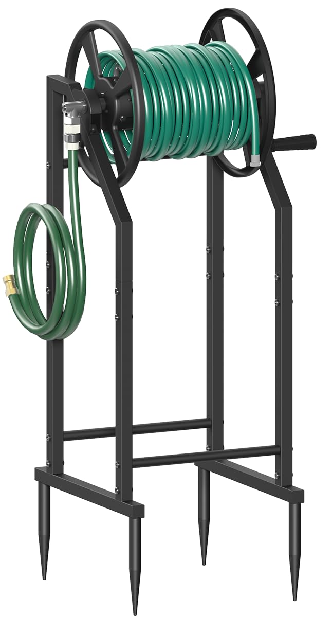 Mokeyder front view showing freestanding reel and tidy hose storage benefit