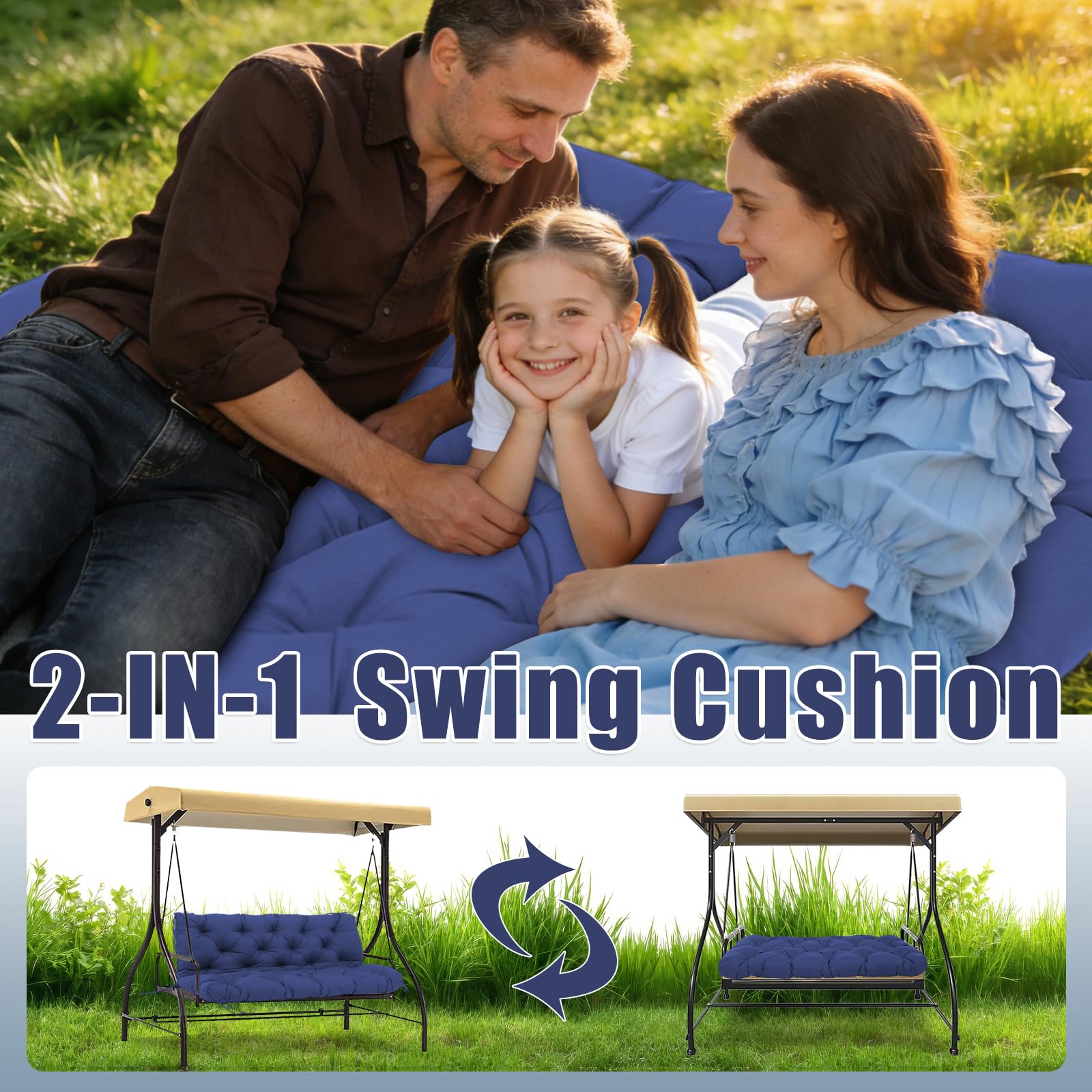 Mokoey cushion on a three-seat porch swing in a yard demonstrating comfortable seating