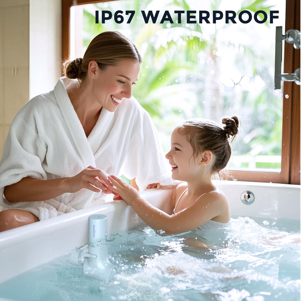 MOMFANN unit in bathtub creating bubbles and jets for immediate relaxation benefit