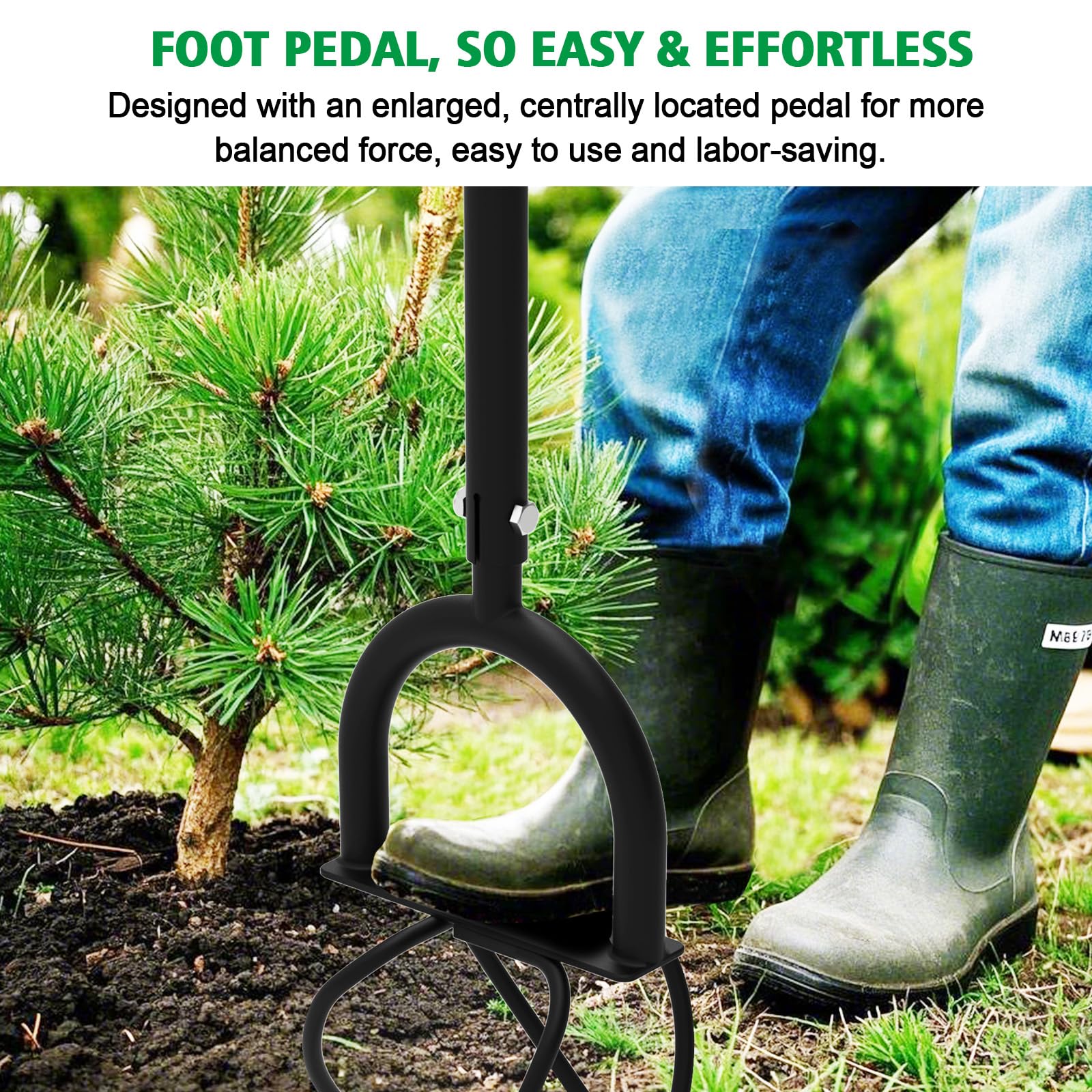 MOMODA foot pedal pressed into soil to reduce hand effort