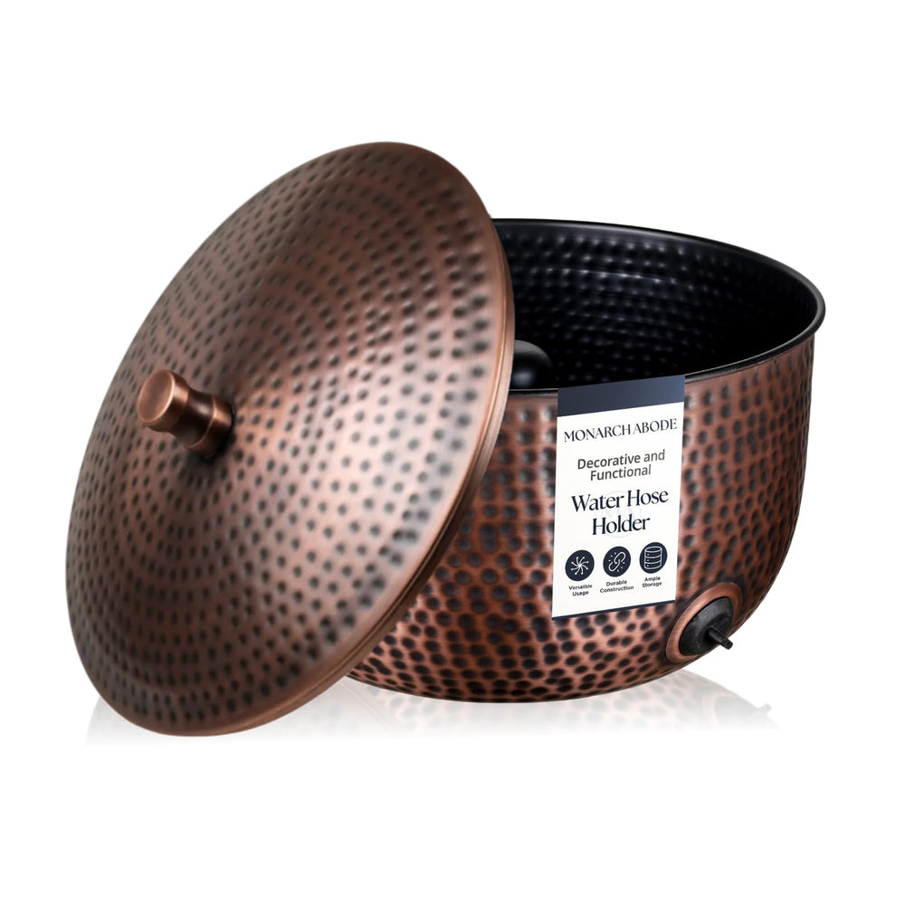 Monarch Abode front view of antique copper hose holder, adds curb appeal