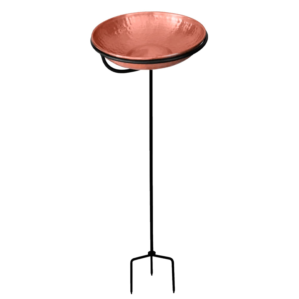 Monarch Abode front view of standing copper bird bath, elegant garden focal point