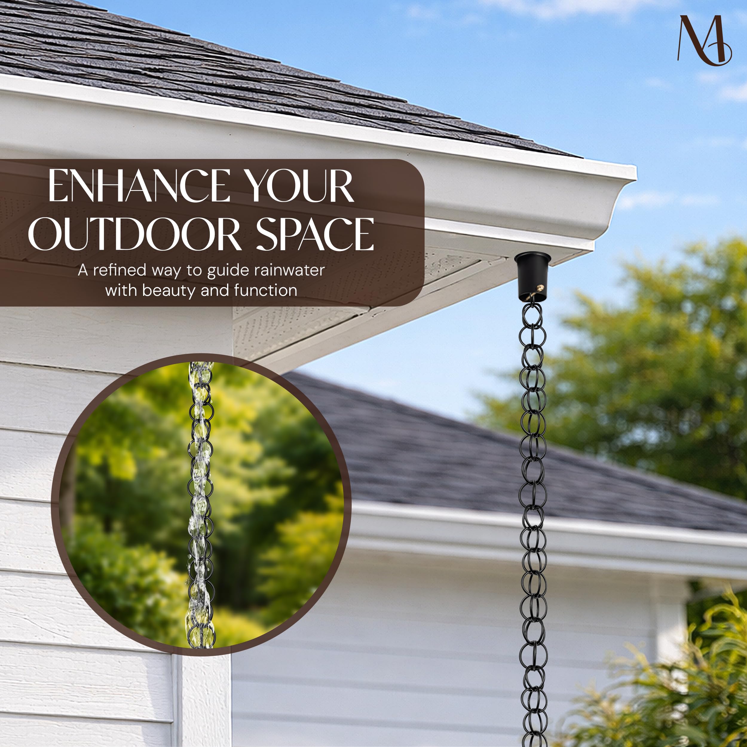 Monarch Rain Chains close-up of matte black powder coat finish, demonstrating weather resistance