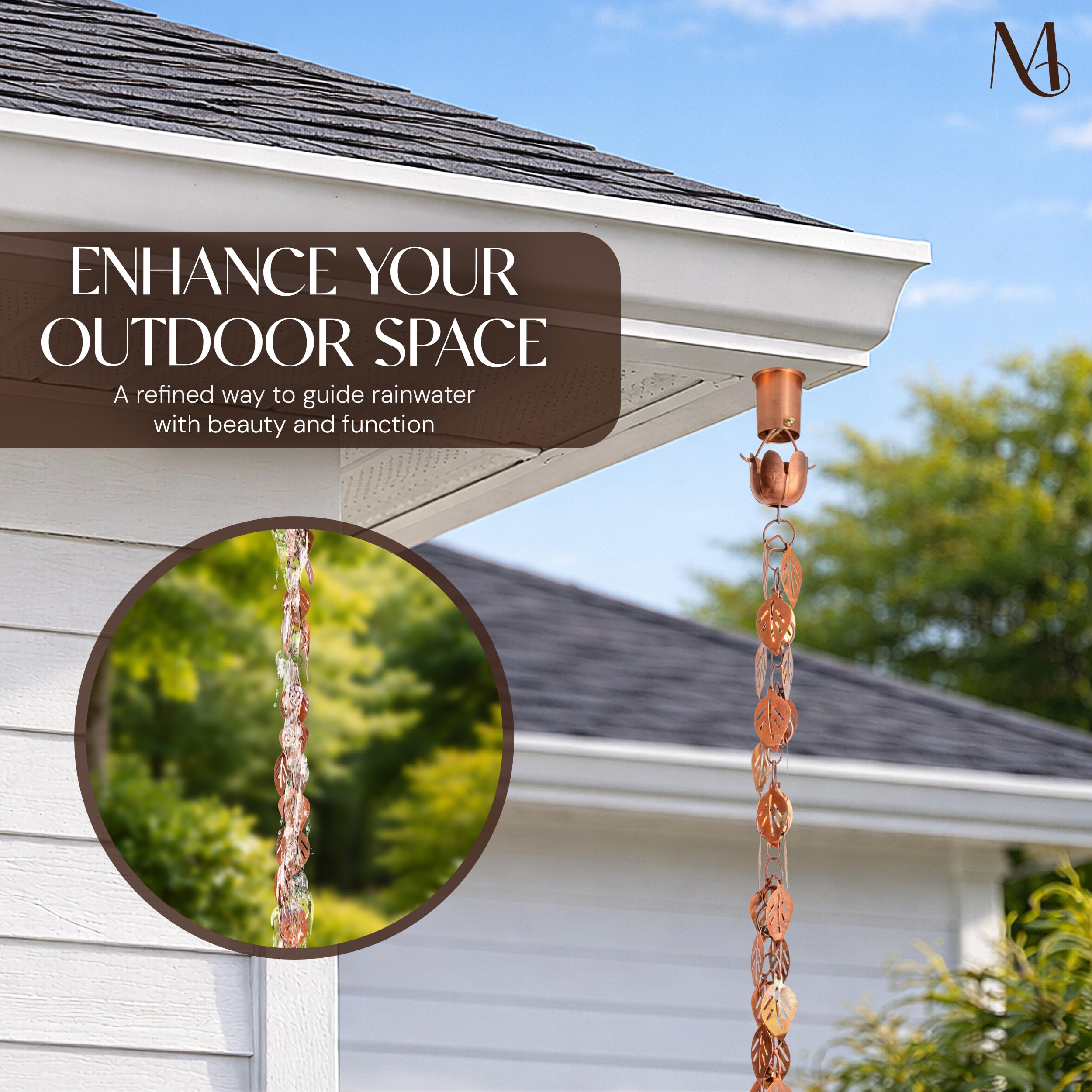 Monarch Rain Chains close-up of cascading copper leaves highlighting durable detail