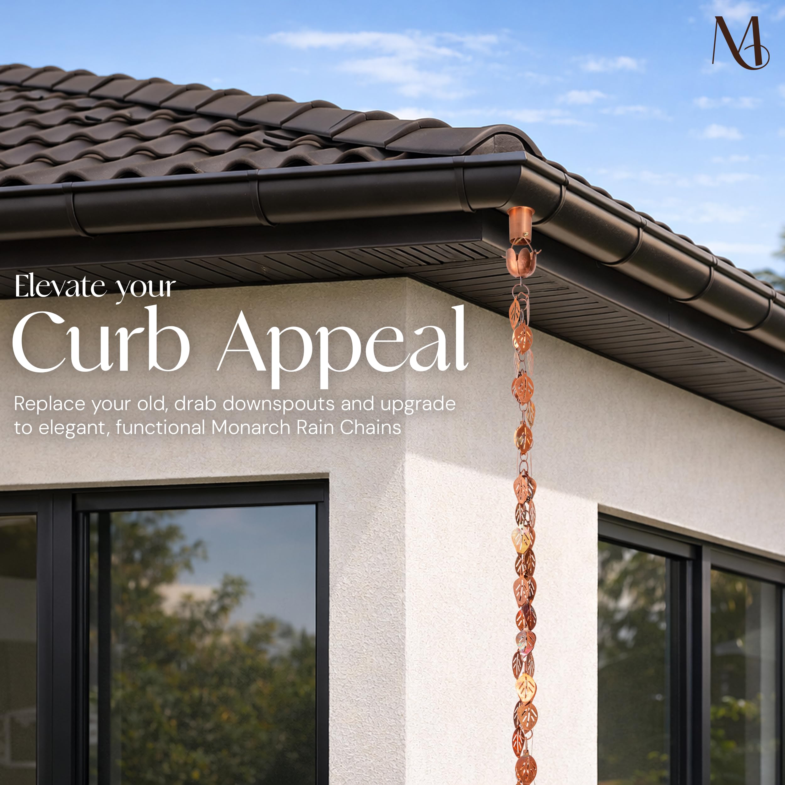 Monarch Rain Chains over a ground basin demonstrating splash control and elegant drainage
