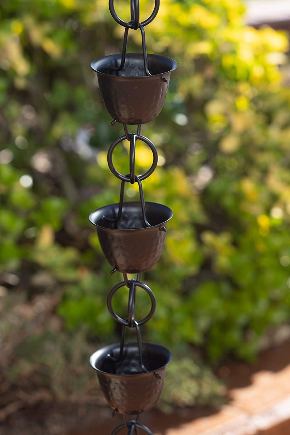 Monarch Rain Chains close-up of hammered cup texture showing durable finish and detail