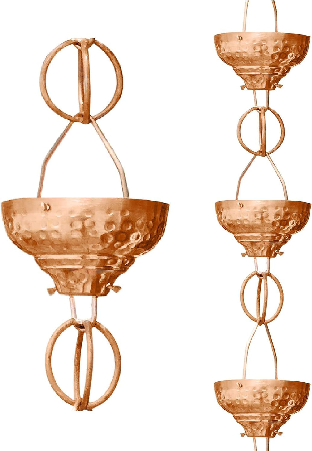 Monarch Rain Chains front view showing full 8.5 ft copper cascade and aesthetic benefit