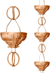 Monarch Rain Chains front view showing full 8.5 ft copper cascade and aesthetic benefit