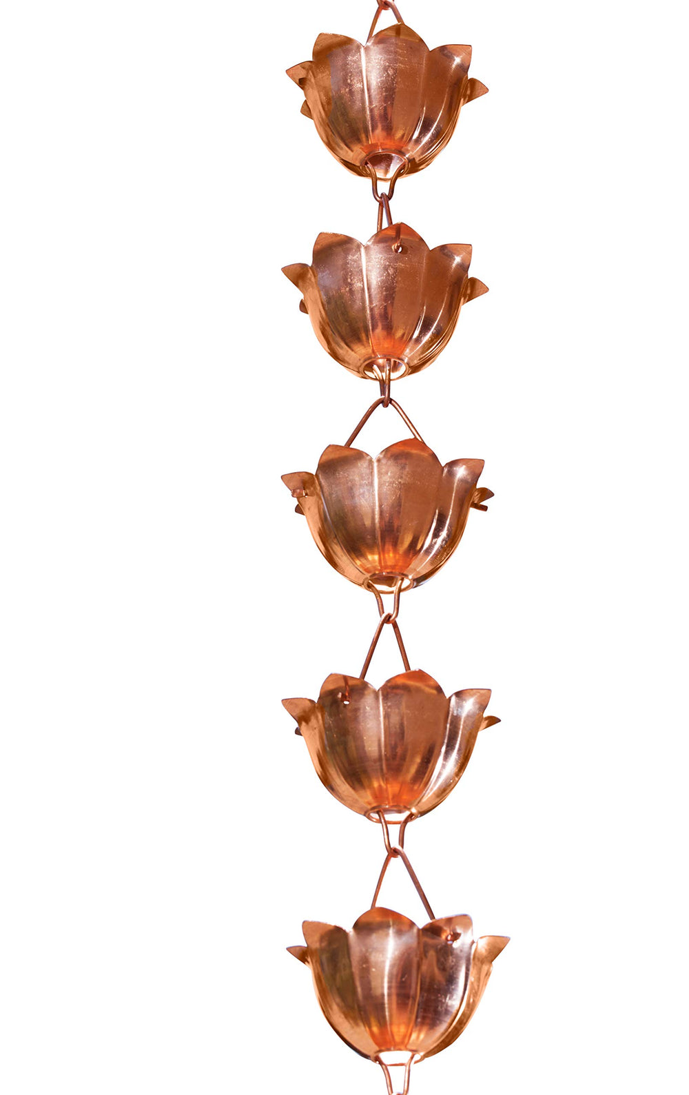 Monarch Rain Chains close-up of lotus cup detail showing durable copper texture and weather resistance