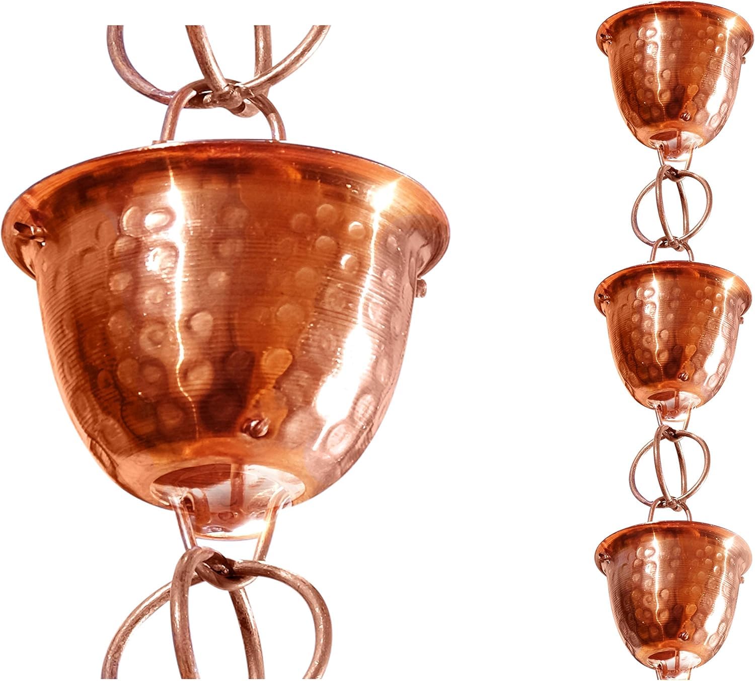 Monarch Rain Chains front view showing copper hammered cups and elegant profile