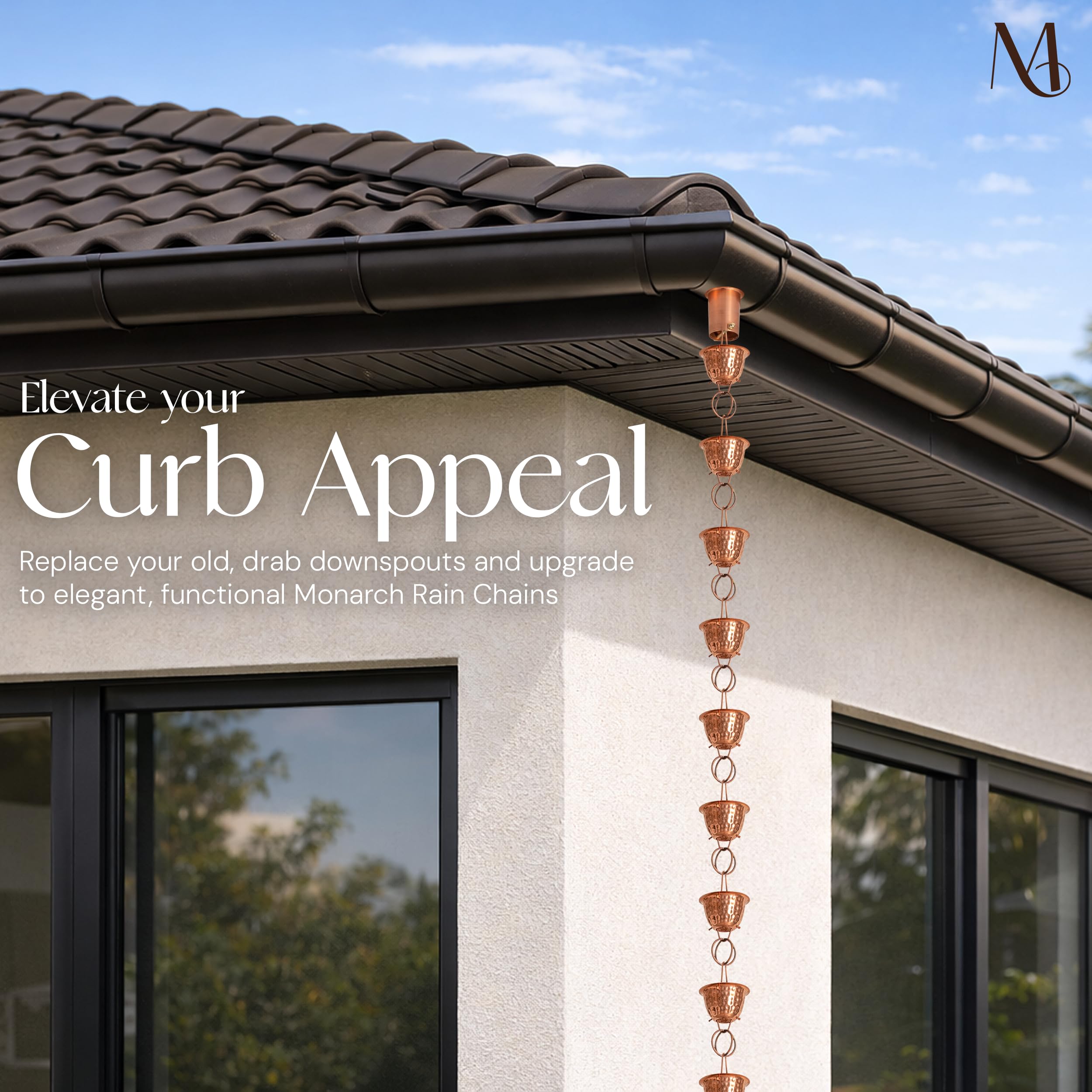Monarch Rain Chains installed beside house in garden adding curb appeal