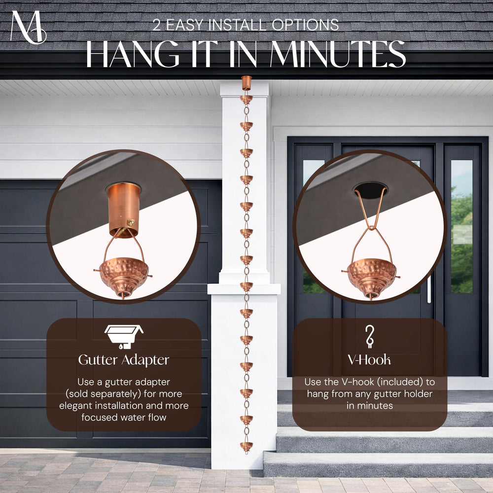 Monarch Rain Chains next to ruler showing scale and customizable length benefit